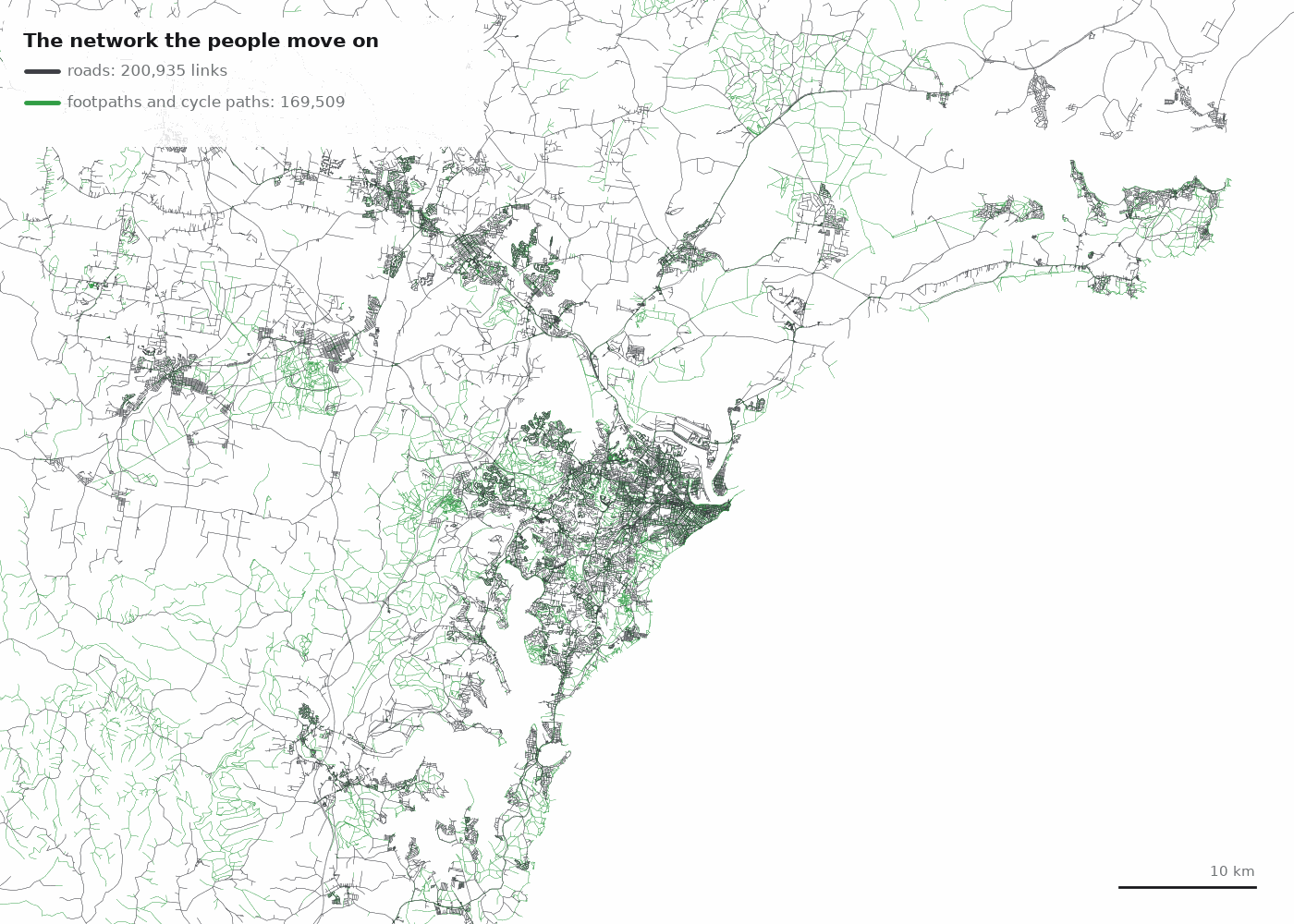 Map of the twin's network across Greater Newcastle: about 200,000 road links in grey and about 170,000 footpath and cycle path links in green, dense in the city centre and the suburbs around Lake Macquarie and Maitland.