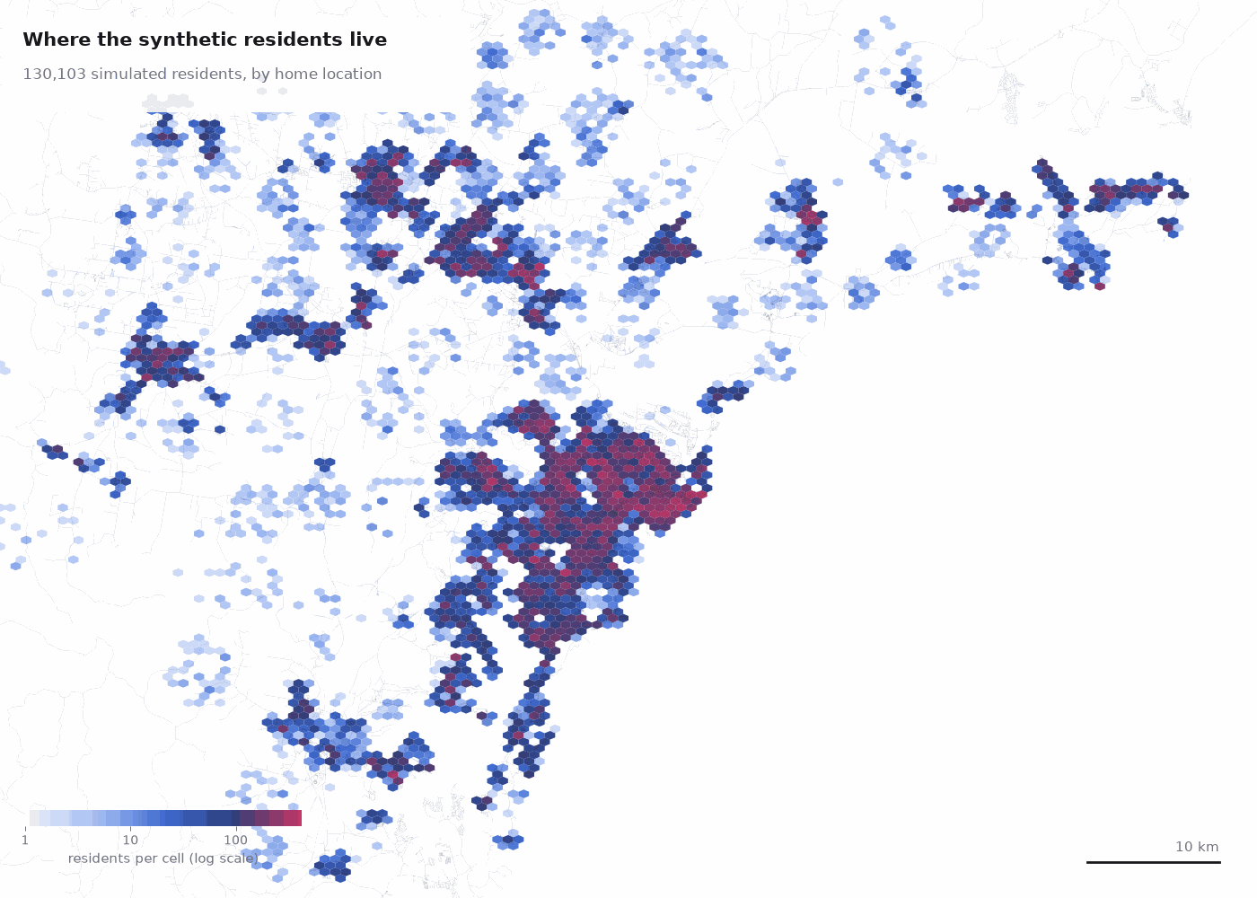 Hexagon density map of where the twin's synthetic residents live, densest in central Newcastle and its inner suburbs, with clusters at Maitland, Cessnock, Raymond Terrace, Port Stephens and around Lake Macquarie.