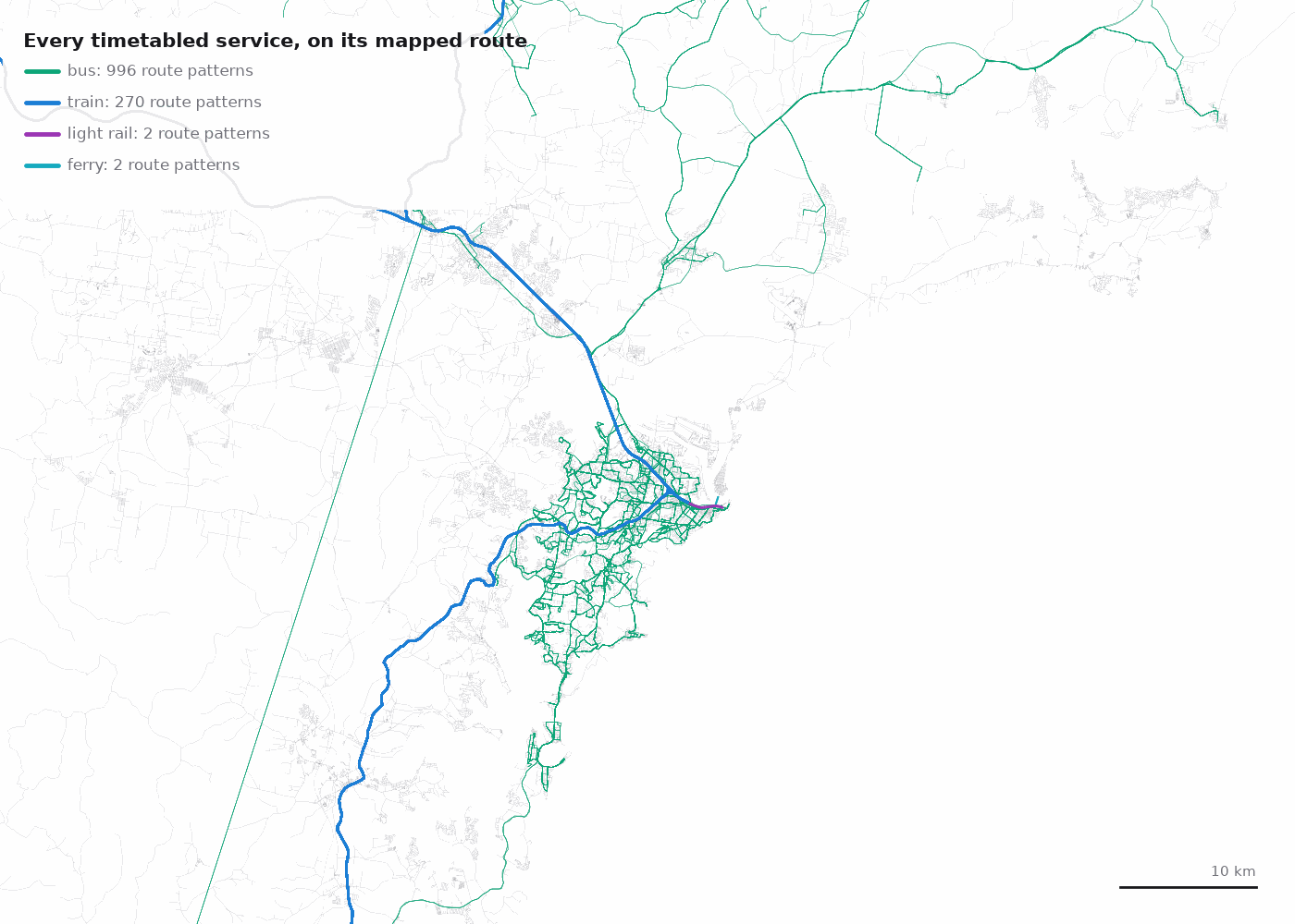 Map of every timetabled public transport service in the twin: bus routes in green covering the city and suburbs, train lines in blue running north-west to Maitland and south towards Lake Macquarie, the light rail in purple in the city centre and the ferry across the harbour.