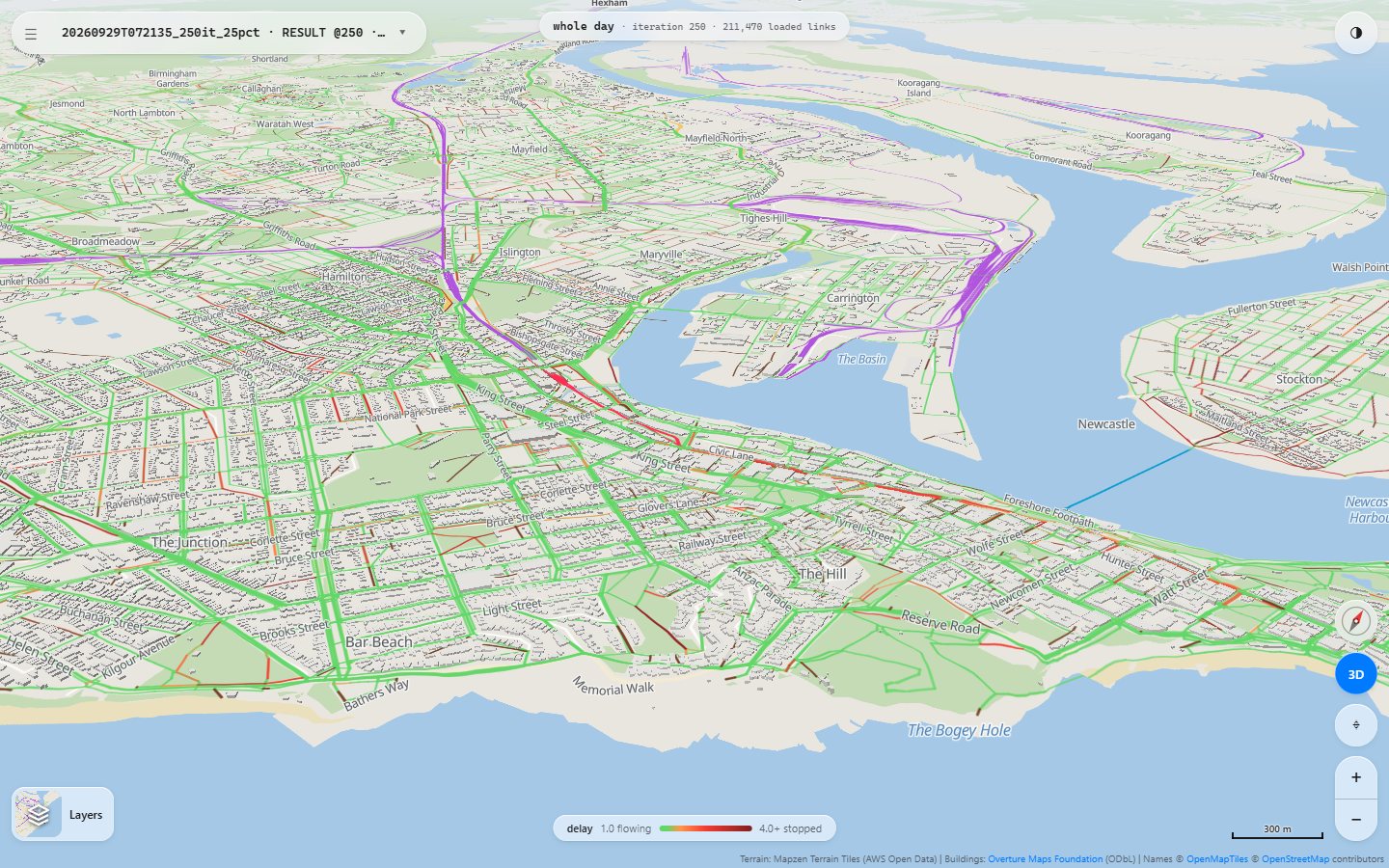The twin's 3D viewer over central Newcastle at a steep tilt. Every street is coloured by how delayed its traffic was over a simulated weekday, mostly green for flowing with red on the busiest stretches; rail lines run in purple into Newcastle Interchange, the Stockton ferry crosses the harbour in cyan, and buildings stand in 3D.