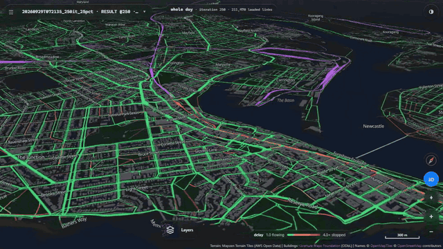 Animated view in the twin's 3D viewer, turning slowly over central Newcastle, the harbour and Stockton, with streets coloured by simulated delay and rail lines in purple.