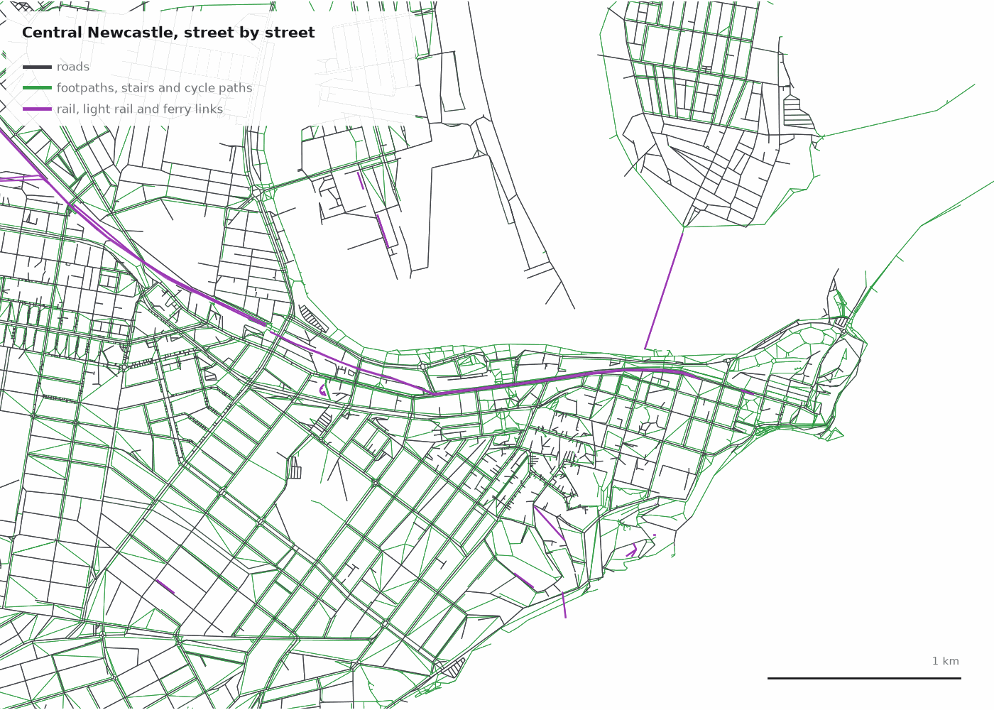 Close-up of the twin's network in central Newcastle: roads in dark lines, a dense web of footpaths, stairs and cycle paths in green alongside and between them, and the rail, light rail and ferry links in purple along the harbour.