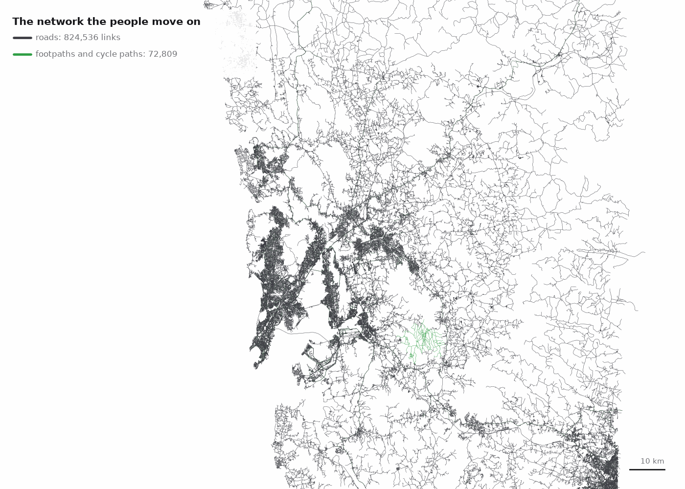 Map of the Mumbai twin's network: about 820,000 road links in grey and about 73,000 footpath and cycle links in green, covering the island city, the western and eastern suburbs, Thane, Navi Mumbai and the districts beyond.