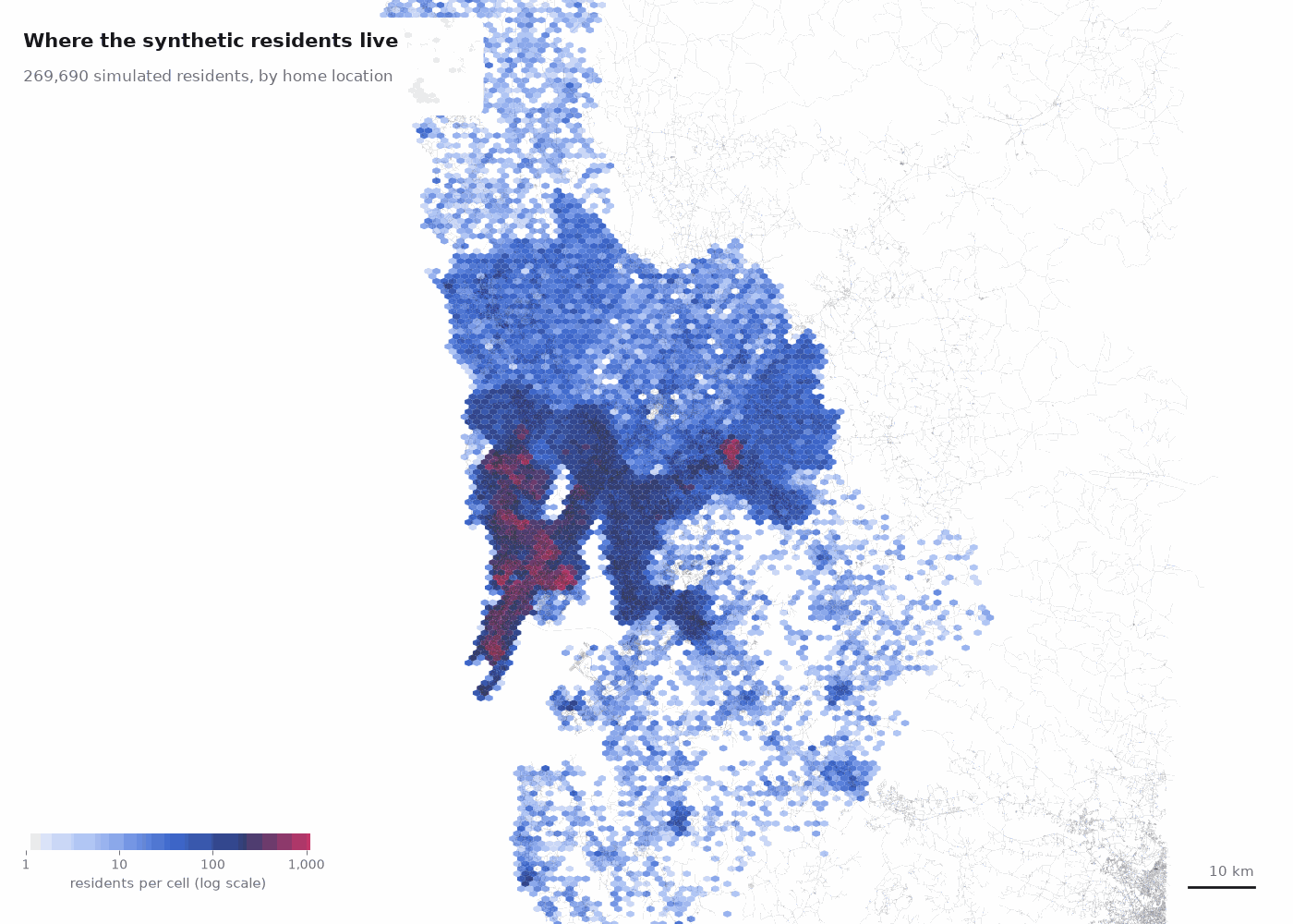 Hexagon density map of where the Mumbai twin's synthetic residents live, densest in the island city and the western and central suburbs, then Thane and Navi Mumbai, thinning towards the outer districts.