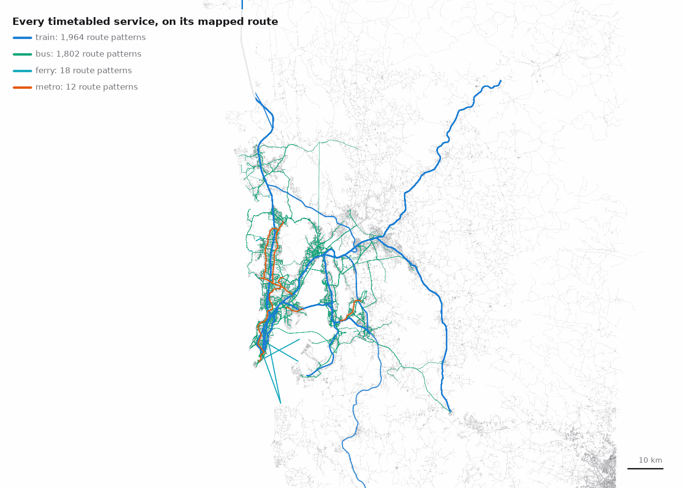 Map of every timetabled service in the Mumbai twin: suburban and regional train lines in blue running north along the western coast and north-east through Thane and Kalyan, metro lines in orange, bus routes in green and ferry crossings across the harbour.