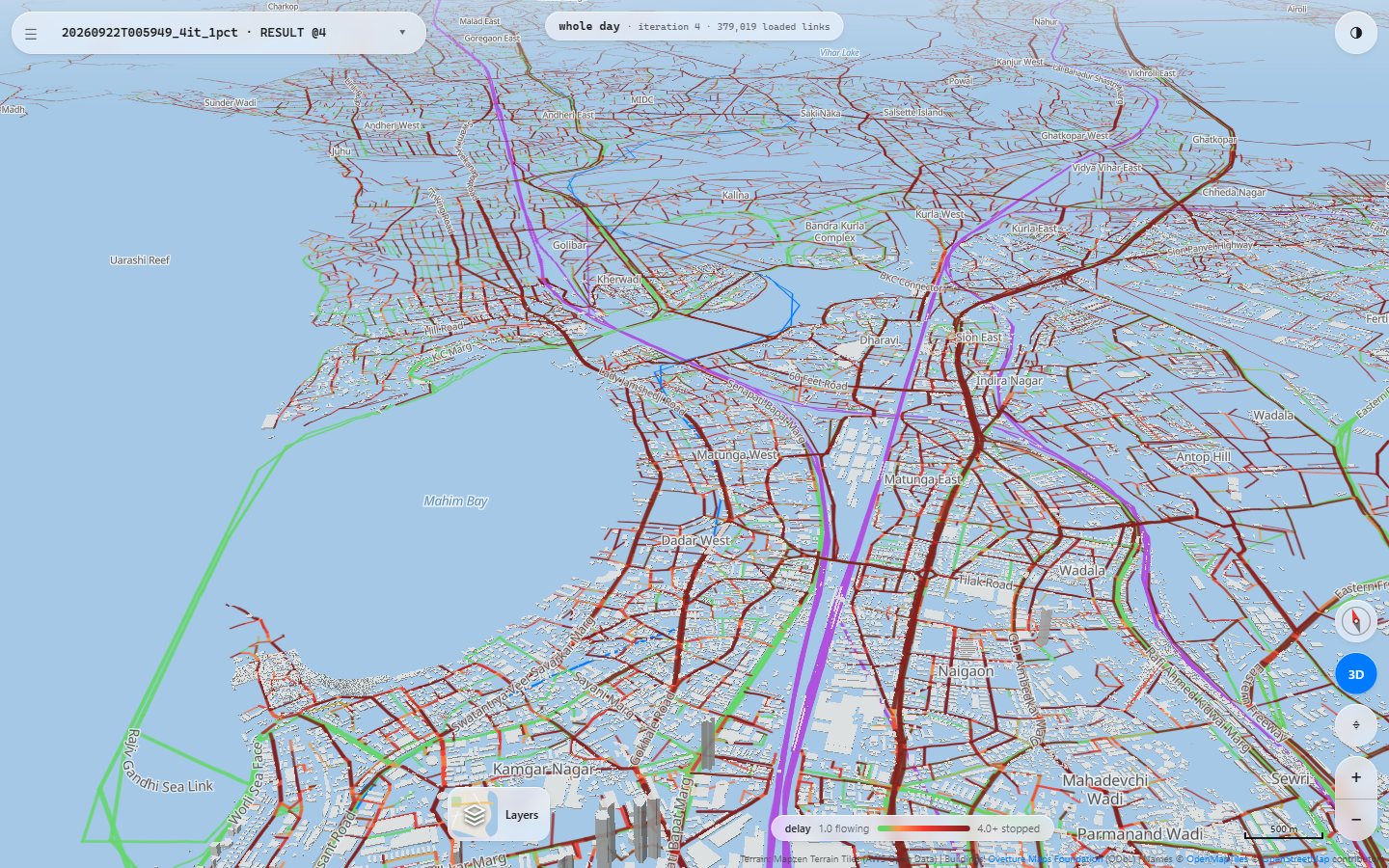 The twin's 3D viewer over central Mumbai, from Mahim Bay across Dadar, Matunga and Wadala towards Kurla and the Bandra-Kurla Complex. The suburban railway lines run in purple through the middle of the city, the Rajiv Gandhi Sea Link crosses the bay, and the streets are coloured by simulated delay, heavily red.