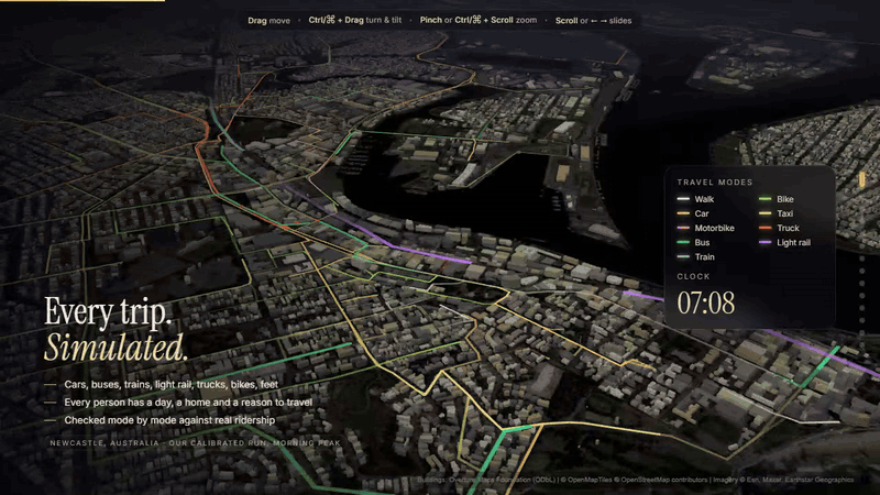 The proposal's Newcastle slide playing: coloured trails of cars, buses, trains, the light rail, trucks, bikes and walkers moving through central Newcastle at night in 3D while the clock runs from 07:10.