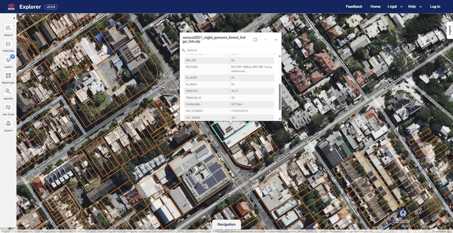 The SDT Explorer viewer with the uploaded census layer drawn as orange lot outlines over the aerial basemap of Forest Lodge. One strata lot is highlighted in cyan, and an identify popup titled census2021_night_persons_forest_lodge_lots.zip lists its attributes, including PERSONS 45.47 and PERSONS_R 45.