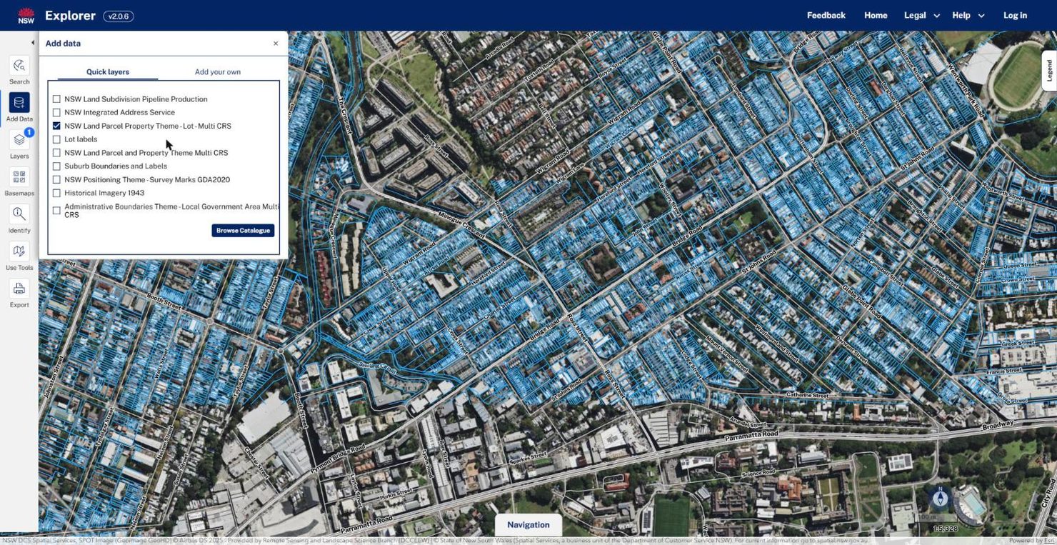 The NSW SDT Explorer viewer with the Add data panel open on the Quick Layers tab. The NSW Land Parcel Property Theme checkbox is ticked, and the aerial basemap behind it is covered in blue lot boundaries across Forest Lodge, Glebe and the University end of Broadway.